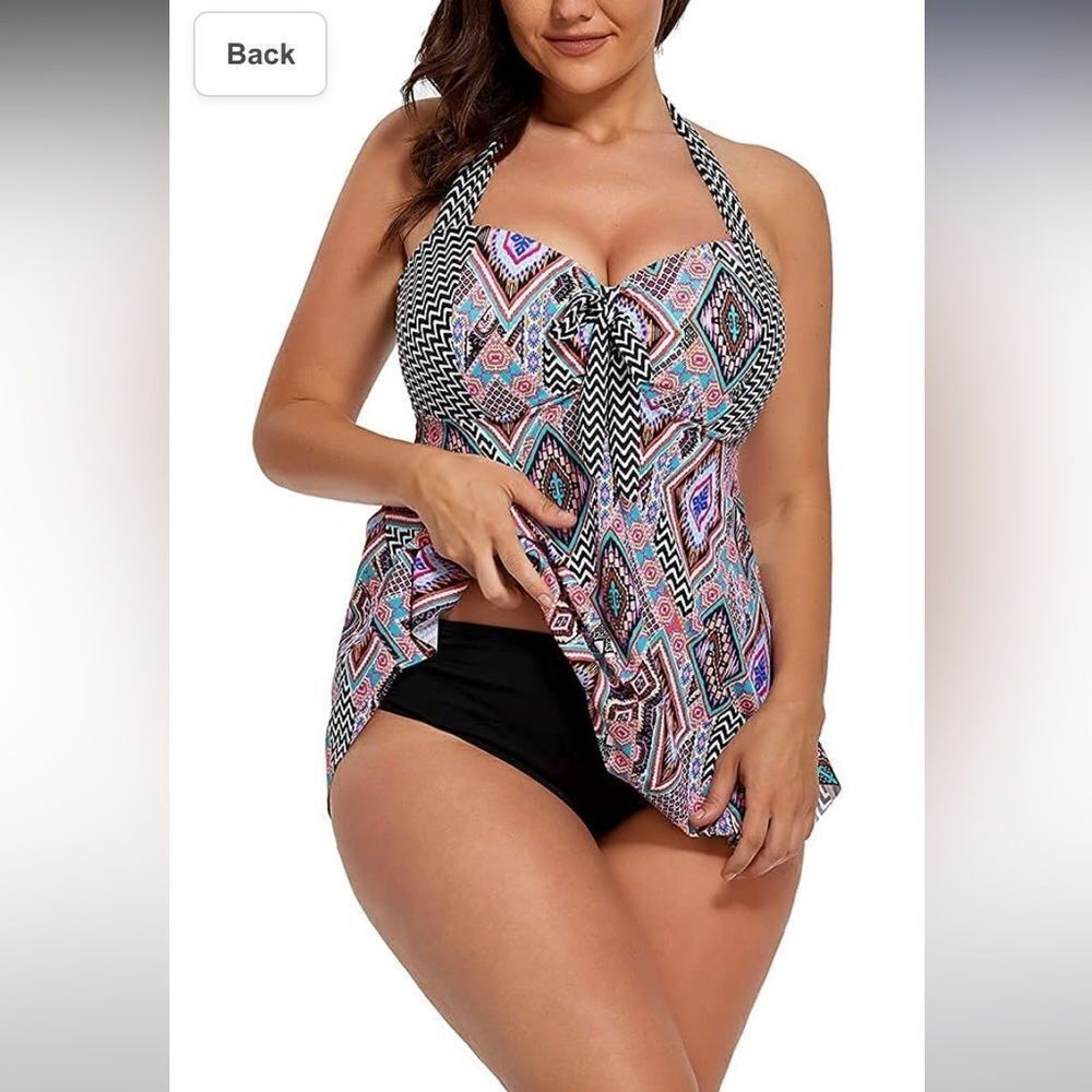 FULLFITALL Swimsuits Plus Size Tankini 2Piece Patchwork Open Back Printe…